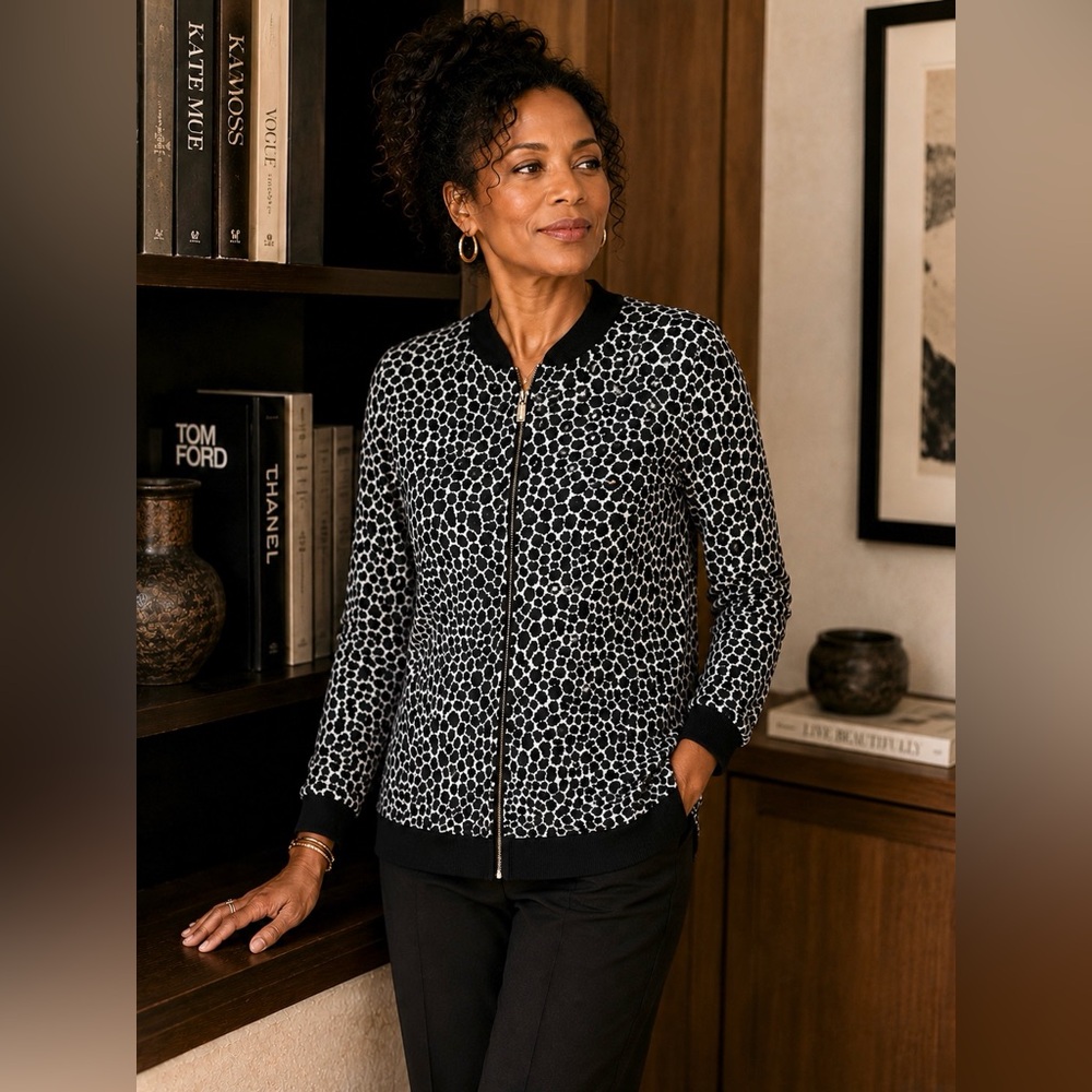 St. John Sport Animal Print Black and Light Blue Zip Up Sweater